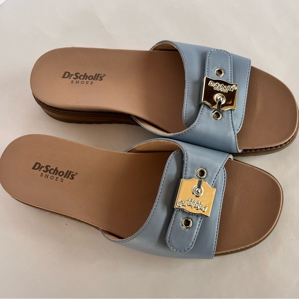 New Dr. Scholl's Island Icon Summer Blue Tan Slide Sandals Gold Buckle Women's 7 - Picture 2 of 7